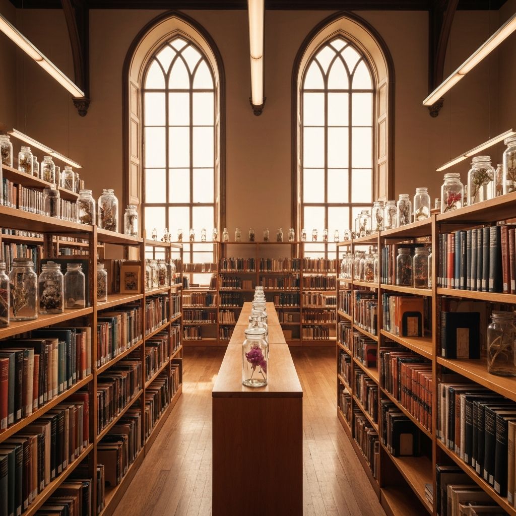 Perpustakaan penelitian dengan rak buku dan spesimen botani